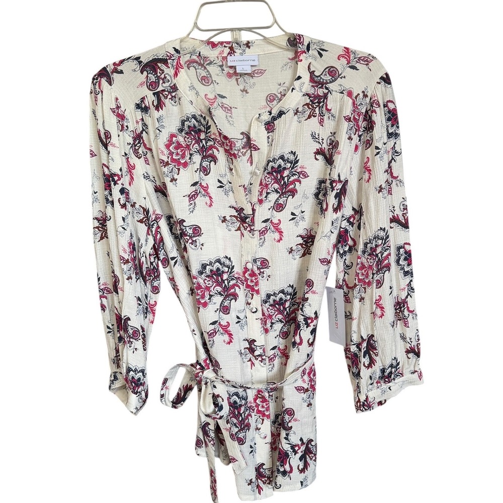 Liz Claiborne Womens Large Floral Paisley Tie Waist Tunic Top Pink Cream New